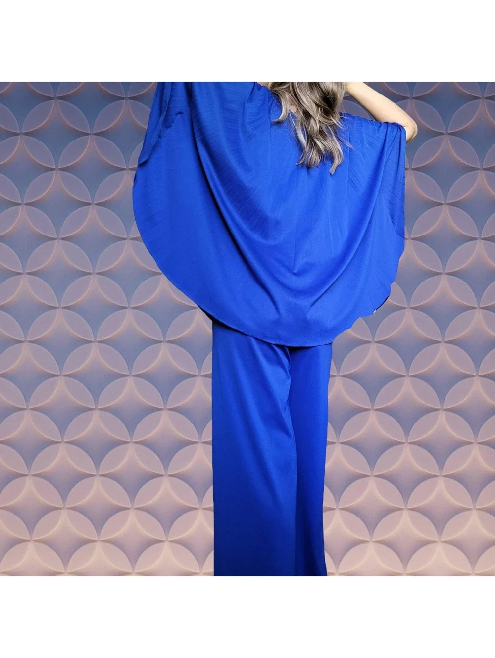 Vintage 70's Disco Bat Wing Blouse Blue 2 Pc Set Top Pants Accordian Pleat M L